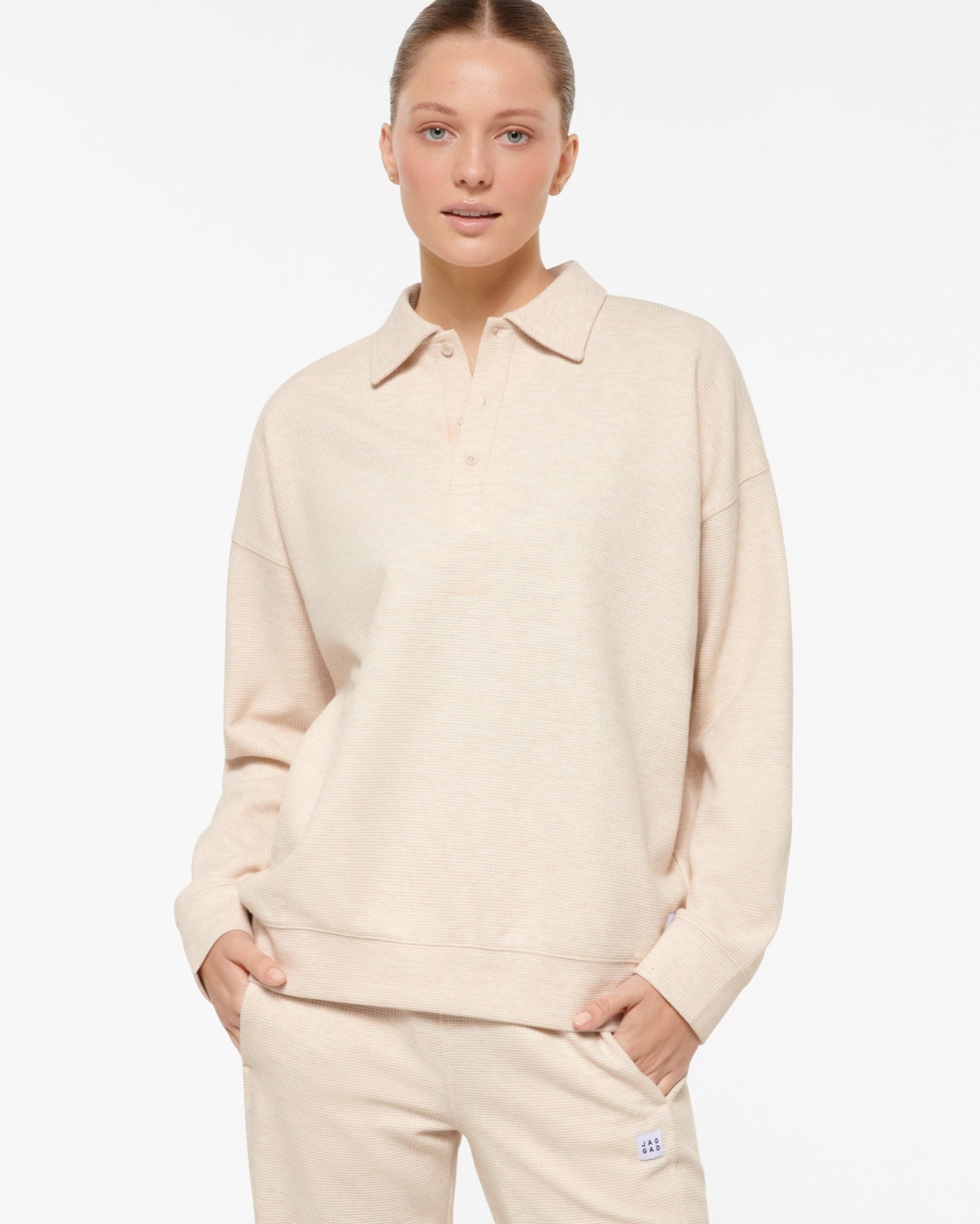 KEPLER SIGNATURE COLLARED WAFFLE SWEATER OATMEAL